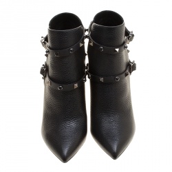 Pre Owned Valentino Black Leather Rolling Rockstud Pointed Toe Ankle Boots Size 38.5