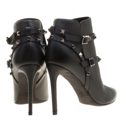 Pre Owned Valentino Black Leather Rolling Rockstud Pointed Toe Ankle Boots Size 38.5