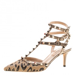 Pre Owned Valentino Beige Calf Hair and Leather Fucile Al Campion Rockstud Sandals Size 37