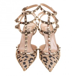 Pre Owned Valentino Beige Calf Hair and Leather Fucile Al Campion Rockstud Sandals Size 37