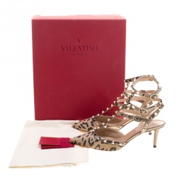 Pre Owned Valentino Beige Calf Hair and Leather Fucile Al Campion Rockstud Sandals Size 37