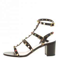 Pre Owned Valentino Black Leather Rolling Rockstud Cabochon Gladiator Sandals Size 39