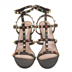 Pre Owned Valentino Black Leather Rolling Rockstud Cabochon Gladiator Sandals Size 39