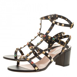 Pre Owned Valentino Black Leather Rolling Rockstud Cabochon Gladiator Sandals Size 39