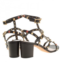 Pre Owned Valentino Black Leather Rolling Rockstud Cabochon Gladiator Sandals Size 39