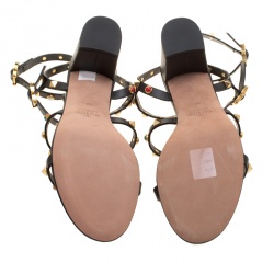 Pre Owned Valentino Black Leather Rolling Rockstud Cabochon Gladiator Sandals Size 39