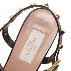 Pre Owned Valentino Black Leather Rolling Rockstud Cabochon Gladiator Sandals Size 39