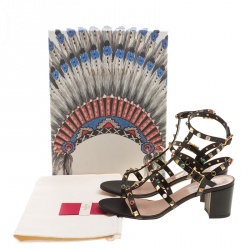 Pre Owned Valentino Black Leather Rolling Rockstud Cabochon Gladiator Sandals Size 39