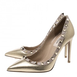Pre Owned Valentino Metallic Gold Leather Rockstud Pointed Toe Pumps Size 36