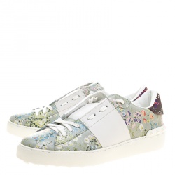 Pre Owned Valentino White Floral Printed Leather Open Sneakers Size 39