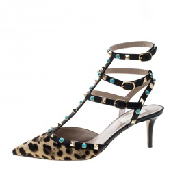 Pre Owned Valentino Beige Leopard Print Calf Hair Rolling Rockstud Sandals Size 40