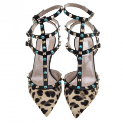 Pre Owned Valentino Beige Leopard Print Calf Hair Rolling Rockstud Sandals Size 40