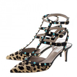 Pre Owned Valentino Beige Leopard Print Calf Hair Rolling Rockstud Sandals Size 40