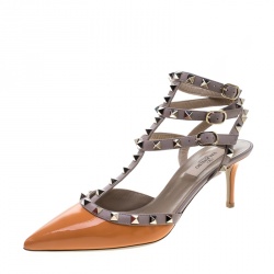 Pre Owned Valentino Beige and Orange Patent Leather Rockstud Sandals Size 38.5