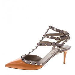 Pre Owned Valentino Beige and Orange Patent Leather Rockstud Sandals Size 38.5
