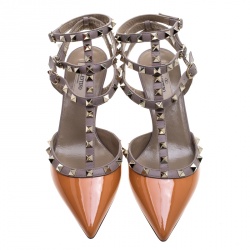 Pre Owned Valentino Beige and Orange Patent Leather Rockstud Sandals Size 38.5