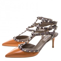 Pre Owned Valentino Beige and Orange Patent Leather Rockstud Sandals Size 38.5