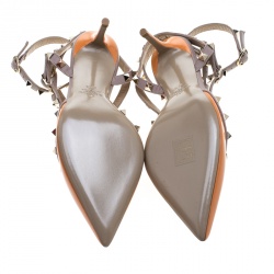 Pre Owned Valentino Beige and Orange Patent Leather Rockstud Sandals Size 38.5