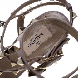 Pre Owned Valentino Beige and Orange Patent Leather Rockstud Sandals Size 38.5