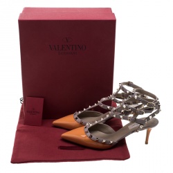 Pre Owned Valentino Beige and Orange Patent Leather Rockstud Sandals Size 38.5
