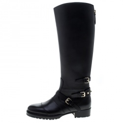 Pre Owned Valentino Black Leather Rockstud Strap Knee Length Biker Boots Size 37