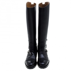 Pre Owned Valentino Black Leather Rockstud Strap Knee Length Biker Boots Size 37