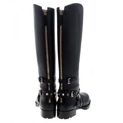 Pre Owned Valentino Black Leather Rockstud Strap Knee Length Biker Boots Size 37