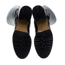 Pre Owned Valentino Black Leather Rockstud Strap Knee Length Biker Boots Size 37