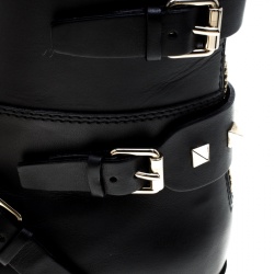 Pre Owned Valentino Black Leather Rockstud Strap Knee Length Biker Boots Size 37