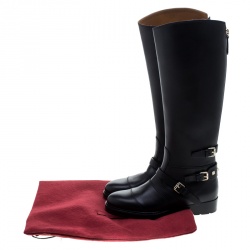 Pre Owned Valentino Black Leather Rockstud Strap Knee Length Biker Boots Size 37