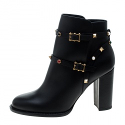 Pre Owned Valentino Black Leather Rolling Rockstud Ankle Boots Size 40