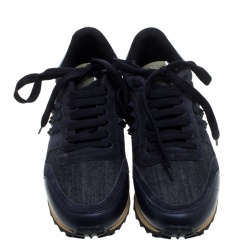 Pre Owned Valentino Dark Wash Denim and Suede Rockstud Sneakers Size 36.5