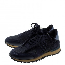 Pre Owned Valentino Dark Wash Denim and Suede Rockstud Sneakers Size 36.5