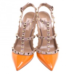 Valentino Orange and Beige Patent Leather Rockstud Sandals Size 37