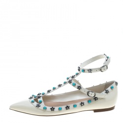 Pre Owned Valentino White Patent Leather Star Rolling Rockstud Cage Flats Size 38