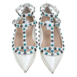 Pre Owned Valentino White Patent Leather Star Rolling Rockstud Cage Flats Size 38