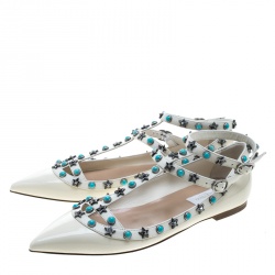 Pre Owned Valentino White Patent Leather Star Rolling Rockstud Cage Flats Size 38