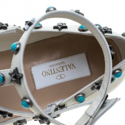 Pre Owned Valentino White Patent Leather Star Rolling Rockstud Cage Flats Size 38