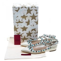 Pre Owned Valentino White Patent Leather Star Rolling Rockstud Cage Flats Size 38