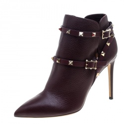 Pre Owned Valentino Burgundy Leather Rockstud Pointed Toe Ankle Boots Size 40