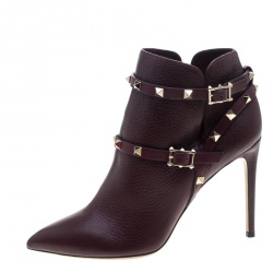 Pre Owned Valentino Burgundy Leather Rockstud Pointed Toe Ankle Boots Size 40