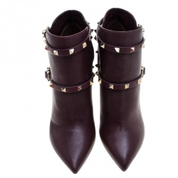 Pre Owned Valentino Burgundy Leather Rockstud Pointed Toe Ankle Boots Size 40