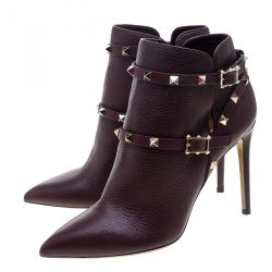 Pre Owned Valentino Burgundy Leather Rockstud Pointed Toe Ankle Boots Size 40