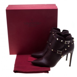 Pre Owned Valentino Burgundy Leather Rockstud Pointed Toe Ankle Boots Size 40