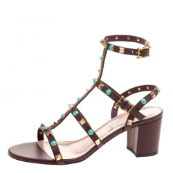 Pre Owned Valentino Mocha Brown Leather Rolling Rockstud Cabochon Gladiator Sandals Size 38.5