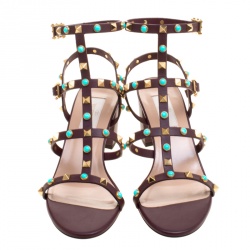 Pre Owned Valentino Mocha Brown Leather Rolling Rockstud Cabochon Gladiator Sandals Size 38.5