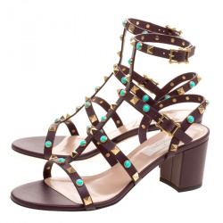 Pre Owned Valentino Mocha Brown Leather Rolling Rockstud Cabochon Gladiator Sandals Size 38.5