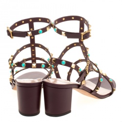 Pre Owned Valentino Mocha Brown Leather Rolling Rockstud Cabochon Gladiator Sandals Size 38.5