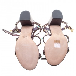 Pre Owned Valentino Mocha Brown Leather Rolling Rockstud Cabochon Gladiator Sandals Size 38.5