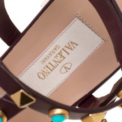 Pre Owned Valentino Mocha Brown Leather Rolling Rockstud Cabochon Gladiator Sandals Size 38.5